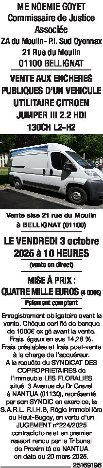 You are currently viewing Vente aux enchères véhicule utilitaire 03.10.2025 à 10h